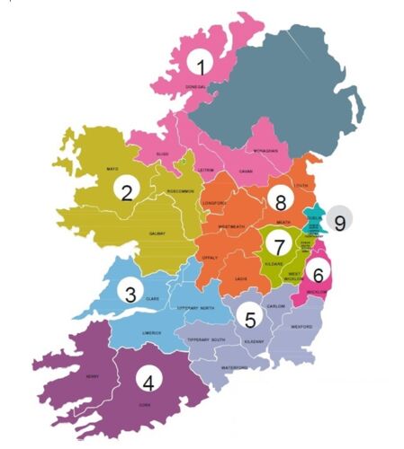 Map showing the boundaries for the nine community health organisations in Ireland.